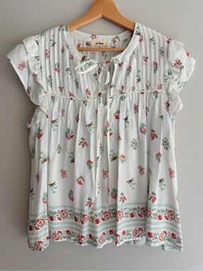 Sweet Tie/Bow Neck Pintuck Floral Blouse - White with Red & Green